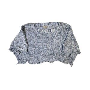Amanti Chunky Knit Blue White Women's Size Large Crop Top Tunic Boxy Boho Fringe